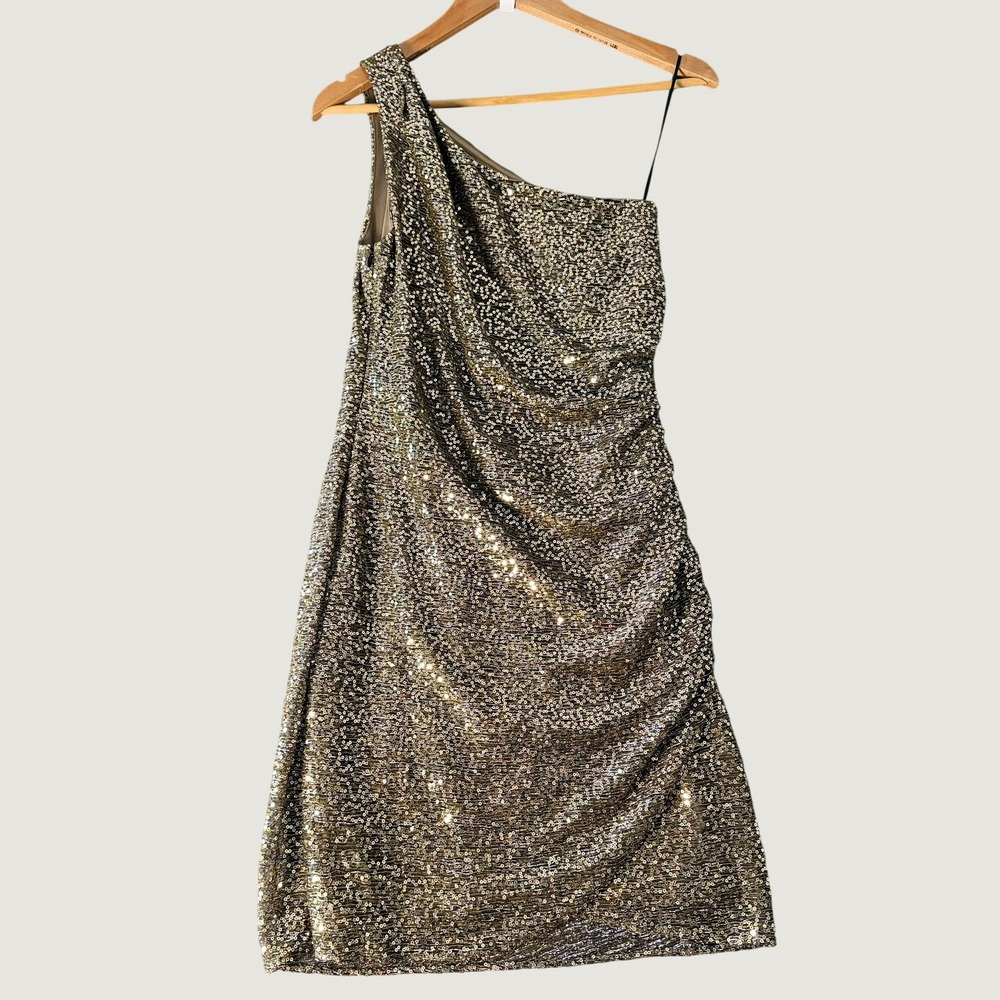 Trina Turk Womens Bronze Gold Sequin One Shoulder Ruched Cocktail Mini Dress 6